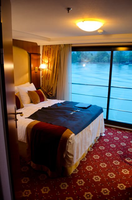 One of the standard French Balcony staterooms aboard Swiss Jewel. Photo © 2012 Aaron Saunders