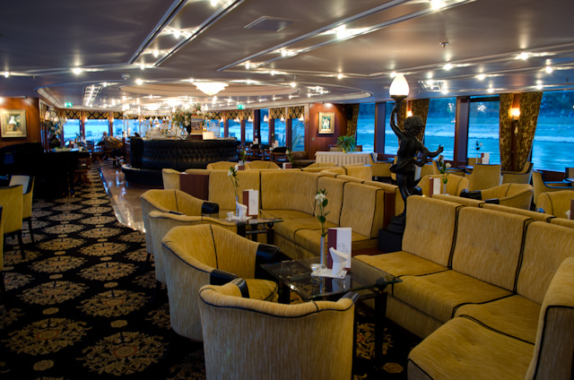 The Main Lounge aboard Tauck's Swiss Jewel river cruise ship is an elegant throwback to the "Golden Age" of European travel. Photo © 2012 Aaron Saunders