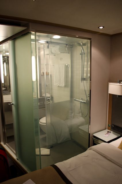 The bathroom in "transparent" mode, as seen from the bedroom of my Category "A" stateroom. Photo © 2012 Aaron Saunders