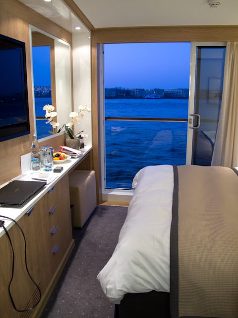 Evening falls on our French Balcony stateroom aboard Viking Odin. Photo © 2012 Aaron Saunders