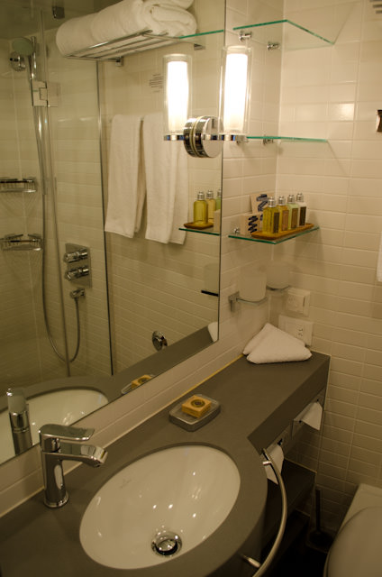 My stateroom bathroom aboard Viking Aegir in March. Note the new vanity and shelving arrangements. Photo © 2013 Aaron Saunders