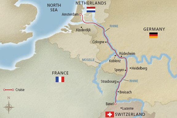 Viking's Rhine Getaway voyages cover four countries in just seven days. Illustration courtesy of Viking River Cruises.