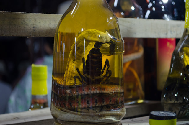 Different varieties of traditional Vietnamese liquor; this one is made from rice wine and scorpion. 