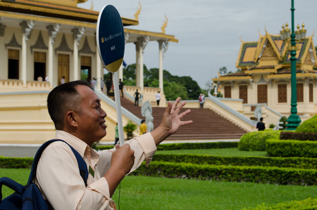 Our fantastic Cambodian tour guide, Chantha, leads the Blue Group from the AmaLotus through the Royal Palace grounds in Phnom Penh. Photo © 2013 Aaron Saunders
