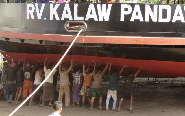 The shallow depth of Kalaw Pandaw's keel can be seen in this shipyard photo. Photo courtesy of Pandaw Cruises.