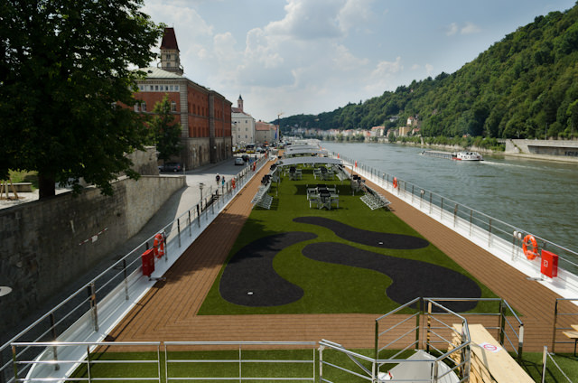 A unique view of the Emerald Star's Sun Deck, as seen from the Luitpold Bridge in Passau. Photo © 2014 Aaron Saunders