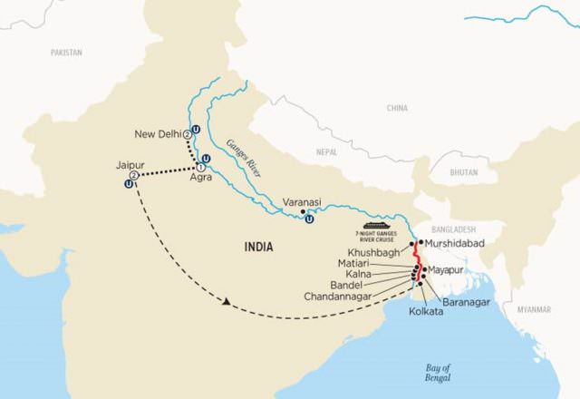 Uniworld's first river cruise itinerary through India is as extensive as it is exotic. Illustration courtesy of Uniworld Boutique River Cruise Collection.