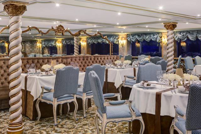 S.S. Maria Theresa's opulent Dining Room. Photo courtesy of Uniworld Boutique River Cruise Collection.