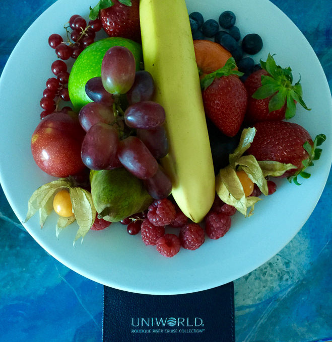 Fresh fruit in my room on Uniworld. © 2015 Ralph Grizzle