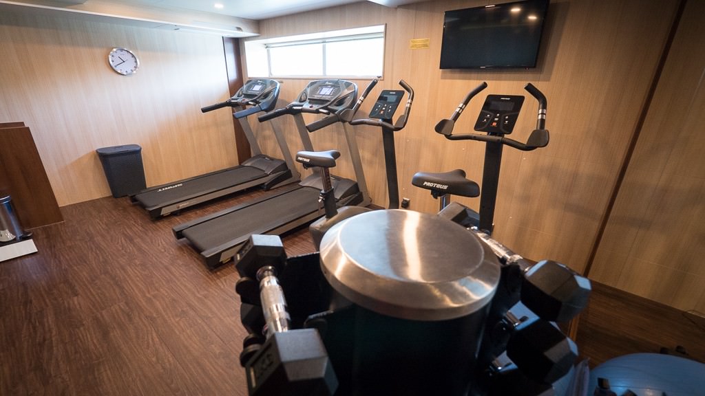 The fitness center on deck one with cardio machines and free weights. © 2015 Ralph Grizzle