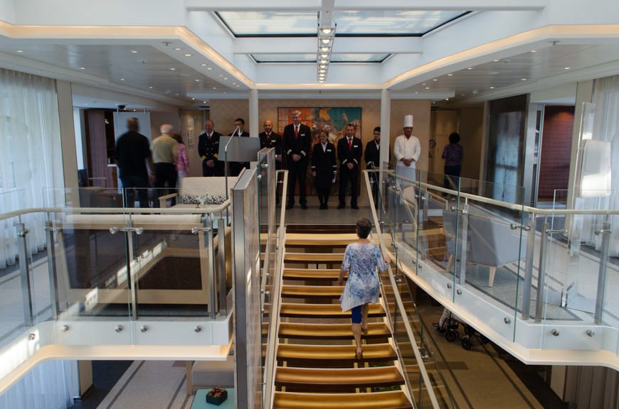 Viking Lofn's crew wait to greet us for our first cocktail reception aboard the ship. Photo ©  2015 Aaron Saunders