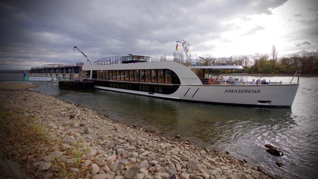 AmaSerena docked in low water on the Rhine in Rudesheim, Germany. © 2015 Ralph Grizzle
