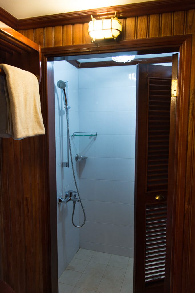 The only thing I'm not a fan of in my stateroom is the oddly-illuminated shower. Photo © 2015 Aaron Saunders
