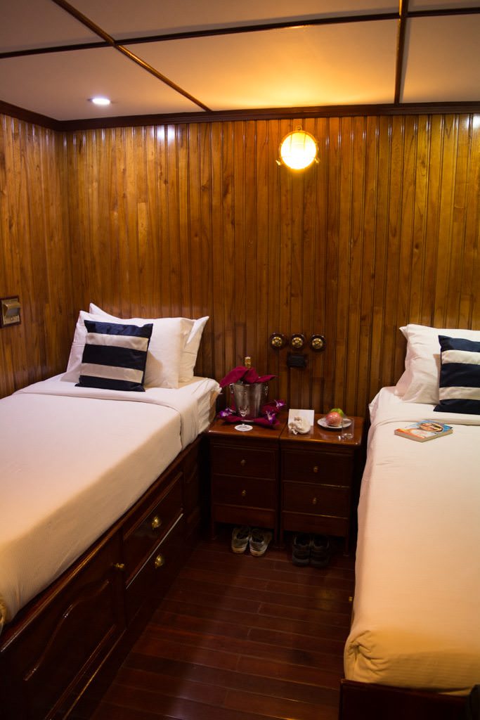 Staterooms are all essentially the same size, and are constructed from beautifully-polished wood. Photo © 2015 Aaron Saunders