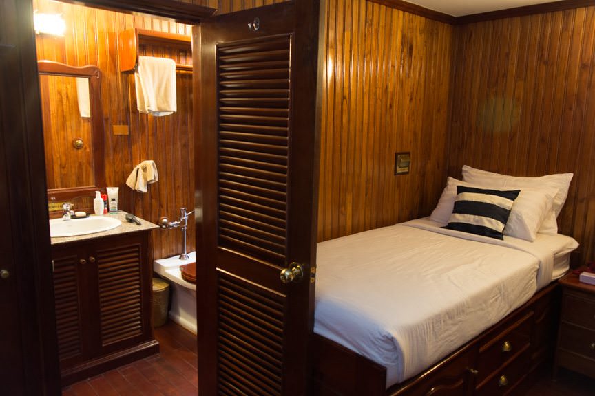Viking Mandalay's staterooms are small but cozy, and appointed in colonial style. Photo © 2015 Aaron Saunders