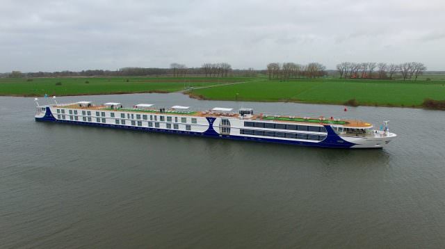 Vantage Deluxe World Travel's new River Voyager, upon her delivery from the Teamco Shipyard in the Netherlands. Photo courtesy of Teamco Shipyard. 