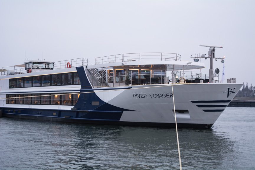 Vantage Deluxe World Travel's brand-new 176-guest River Voyager, docked in Mainz, Germany on March 20, 2016. Photo © 2016 Aaron Saunders