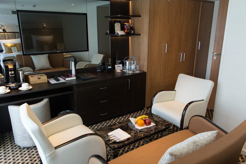 Deluxe Suites aboard Vantage's new River Voyager feature flat-panel television sets, in-room podded coffee machines, and plenty of closet space. Photo © 2016 Aaron Saunders