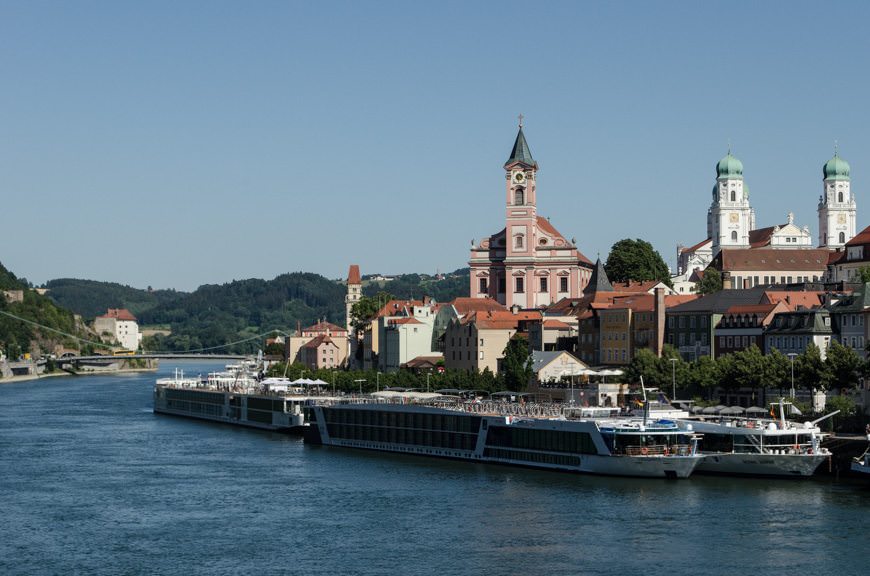 When river cruise ships dock, they dock literally right next to each other, as seen here in Passau. Photo © 2015 Aaron Saunders