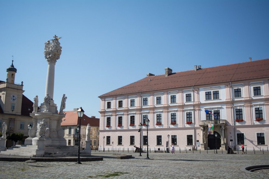 Osijek's historic Old Town square. The monument to the left is a recreation; the original was destroyed in 1992. Photo ©  2016 Aaron Saunders