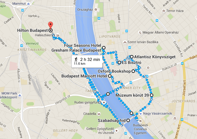 My somewhat circuitous route through Budapest, as approximately as I can map it out in Google Maps. 